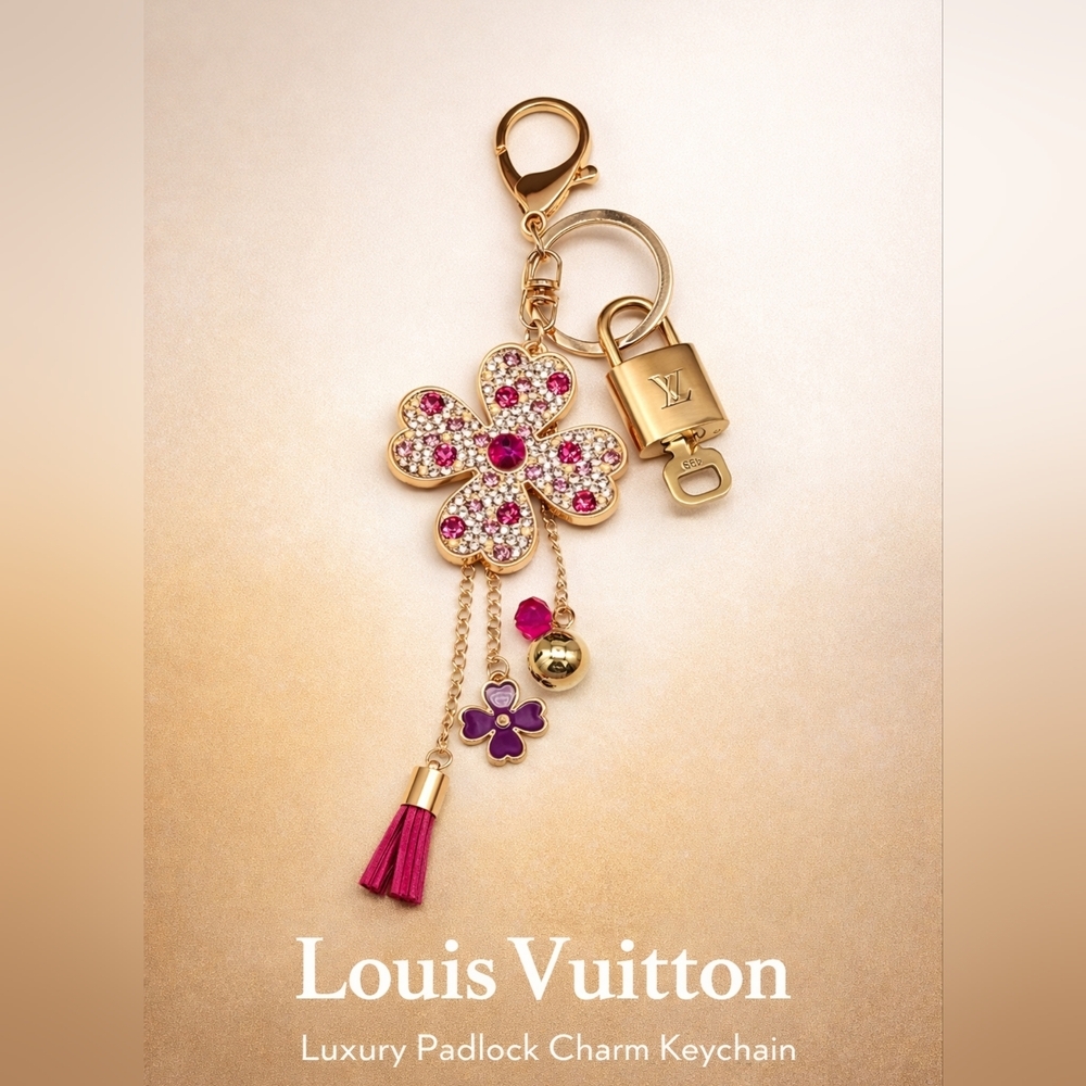 LV Authentic Gold Padlock 🔒 Key Set w/ Unbranded Clover Keychain Charm